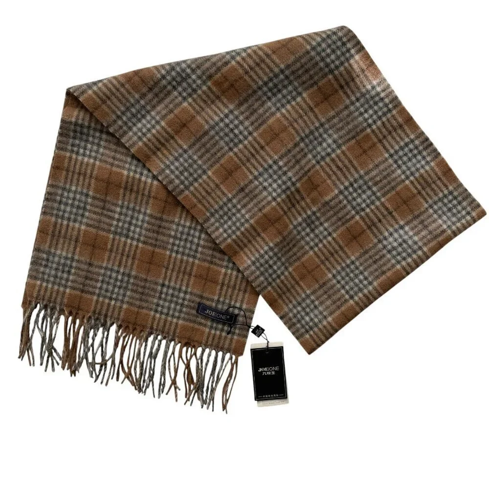 JOE ONE Cashmere Tan Gray Plaid Scarf NWT
